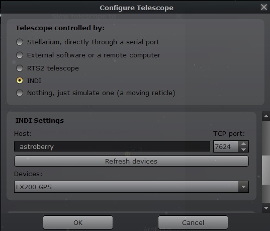Stellarium using INDI server for LX200GPS mimic